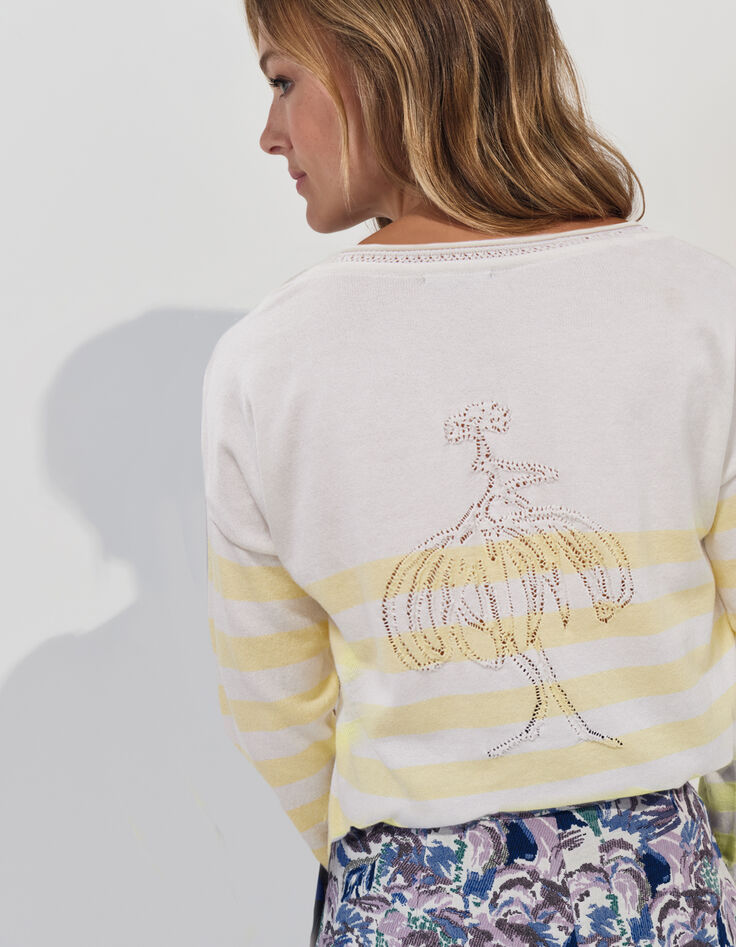 TZAR - Pull écru coton bio rayé jaune danseuse au dos-2