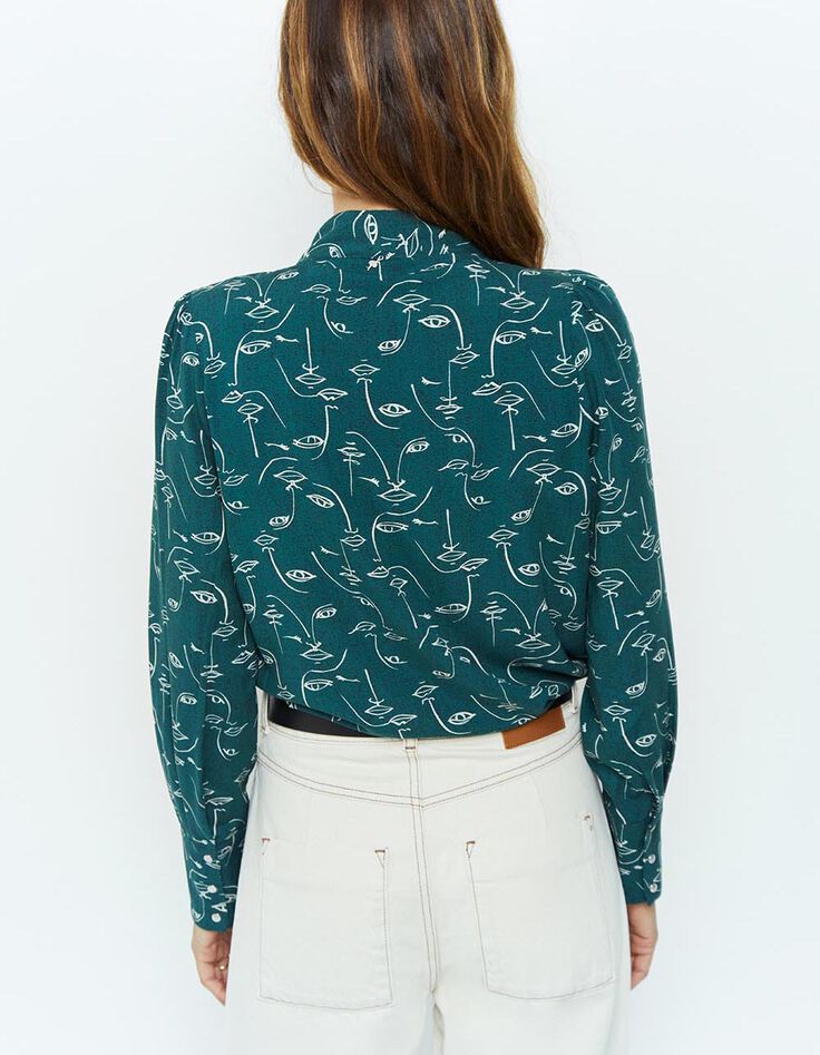 CANNELLE - Blouse vert cèdre à imprimé visages-3