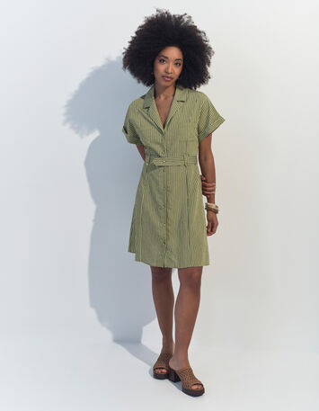 RORAIMA - Robe chemise verte à motif fines rayures -5