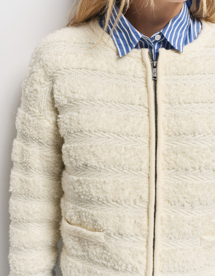 TALI - Cardigan écru tricot fantaisie rayures relief-4 TALI - Cardigan écru tricot fantaisie rayures relief-4