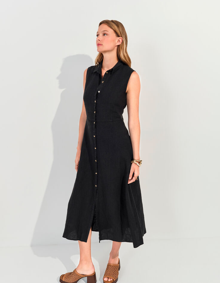 RECIFE - Robe chemise longue noire lin certifié surteint-2