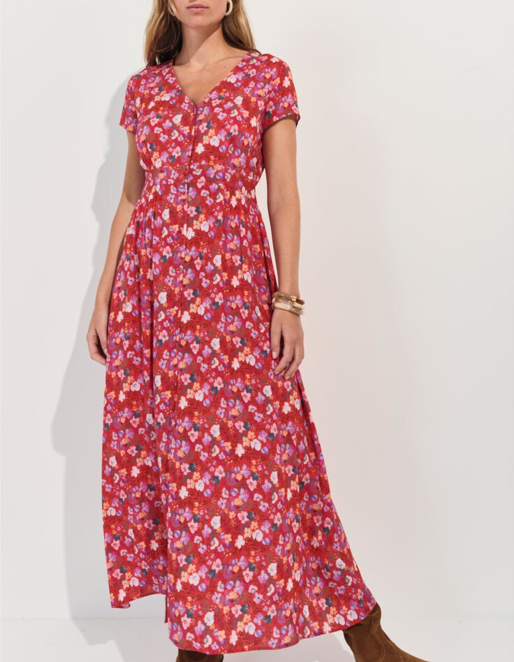ROMARIA - Robe midi rouge imprim&eacute; floral d'&eacute;t&eacute; -8