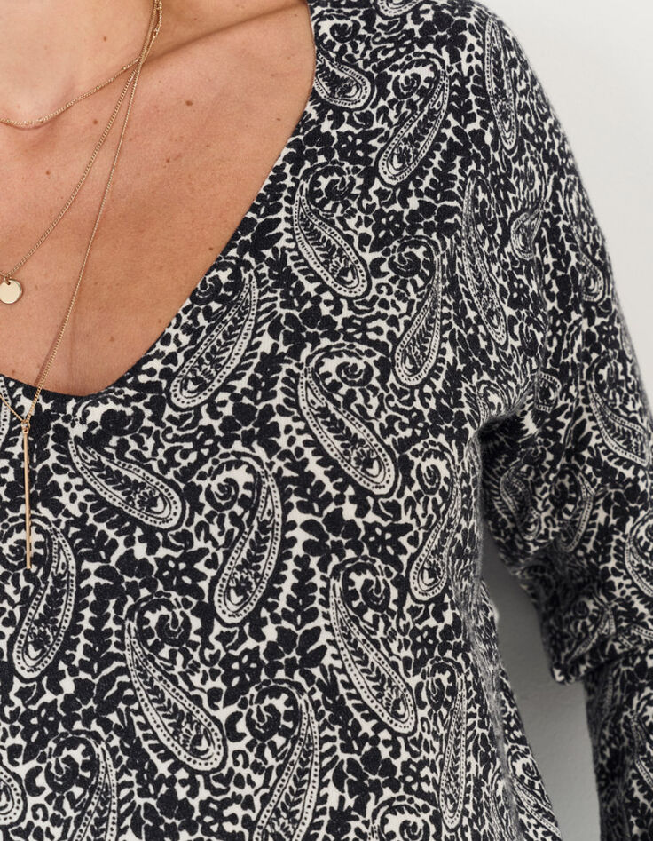 TOKAY - Pull noir tricot motif n&eacute;o cachemire -4