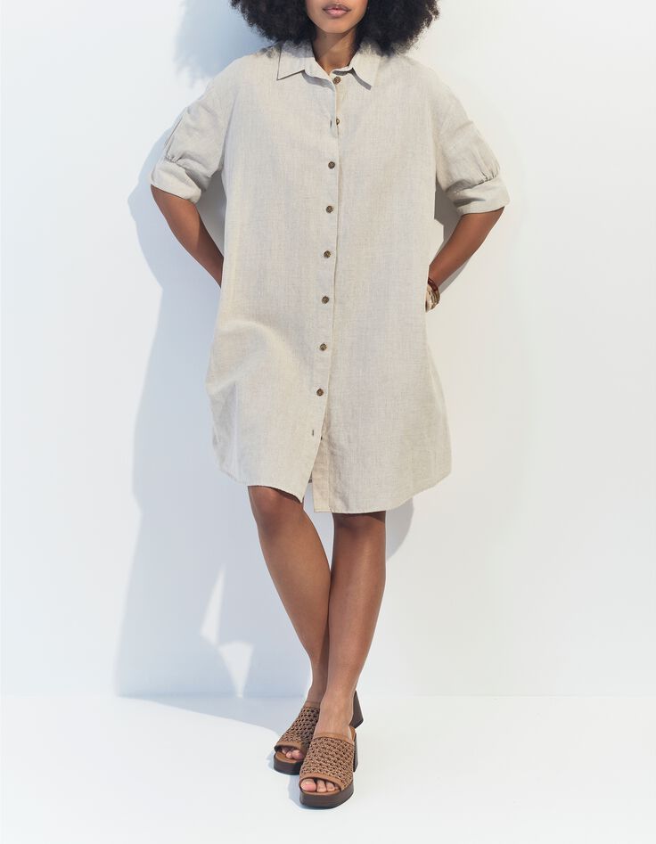 REACH - Robe chemise beige chin&eacute; en lin et coton -2