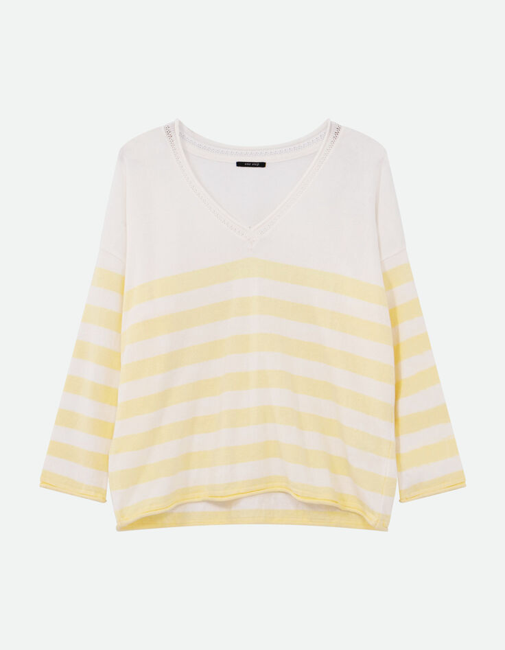 TZAR - Pull écru coton bio rayé jaune danseuse au dos-3