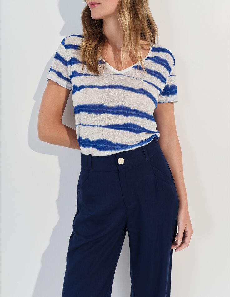 MILLET - T-shirt blanc motif rayures floues bleues -1