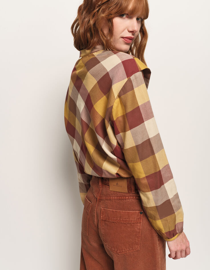 COSMA - Blouse jaune motif carreaux plastron volanté-3