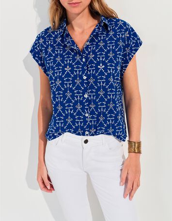 CORNELIA - Chemise bleue coton bio broderies all-over -1