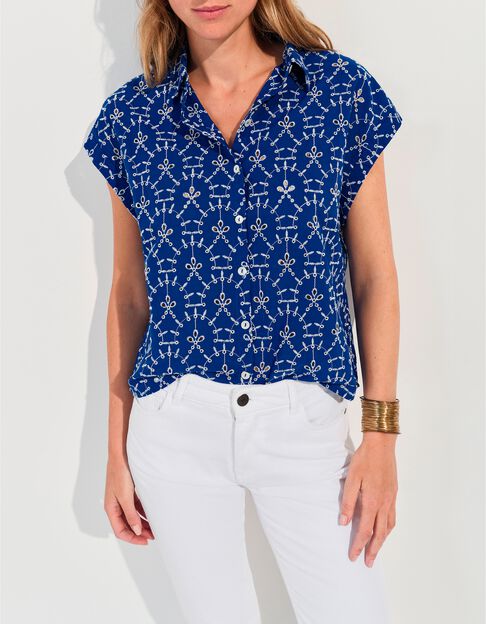 CORNELIA - Chemise bleue coton bio broderies all-over  - One Step