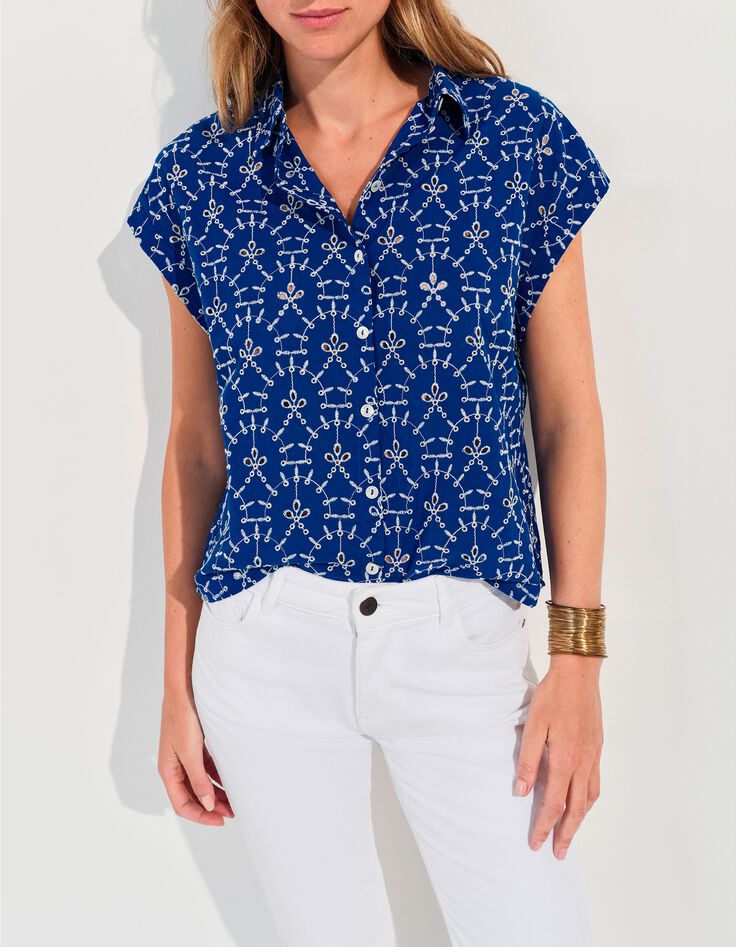 CORNELIA - Chemise bleue coton bio broderies all-over -1