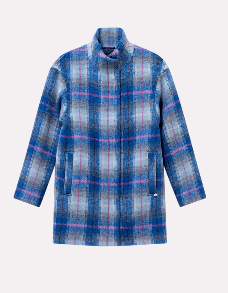 DANICA - Manteau bleu motif carreaux col montant-6 DANICA - Manteau bleu motif carreaux col montant-6