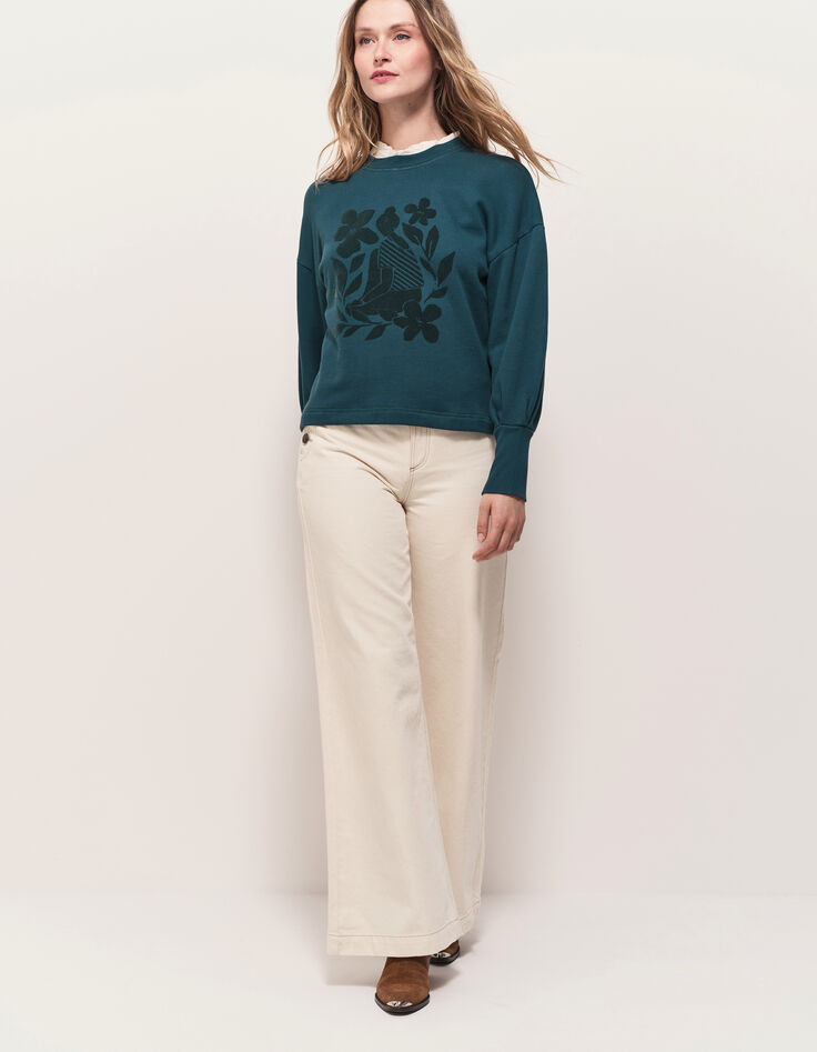 MELISSE - Sweat vert flocage fleurs avec col amovible-7