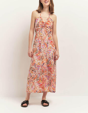 RECY - Robe midi corail dos-nu à imprimé flore arty-1