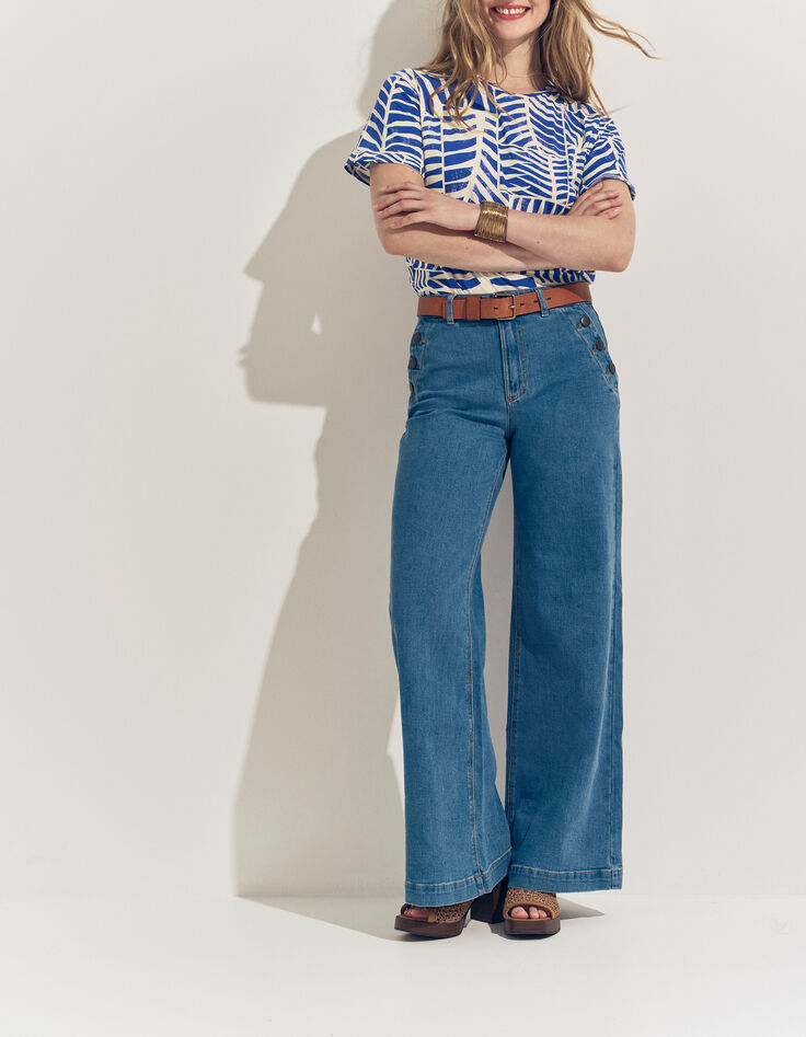 MANARA- T-shirt bleu coton bio imprim&eacute; tropic chic-4