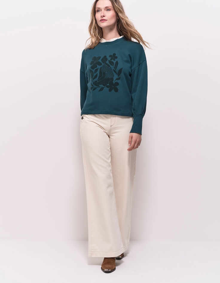 MELISSE - Sweat vert flocage fleurs avec col amovible-7