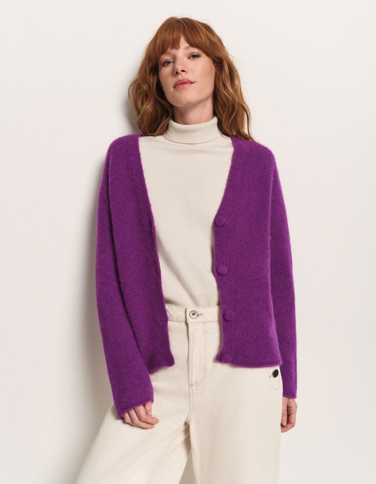 TECK - Cardigan violet tricot moelleux encolure V-2 TECK - Cardigan violet tricot moelleux encolure V-2