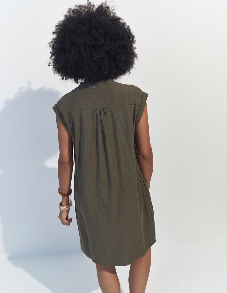 RONDONIA - Robe kaki coton lin broderies placées -4