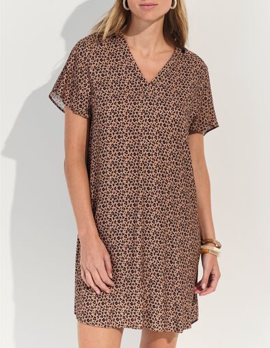 REKO - Robe beige Lenzing&trade; Ecovero&trade; imprim&eacute; micro l&eacute;opard  - One Step