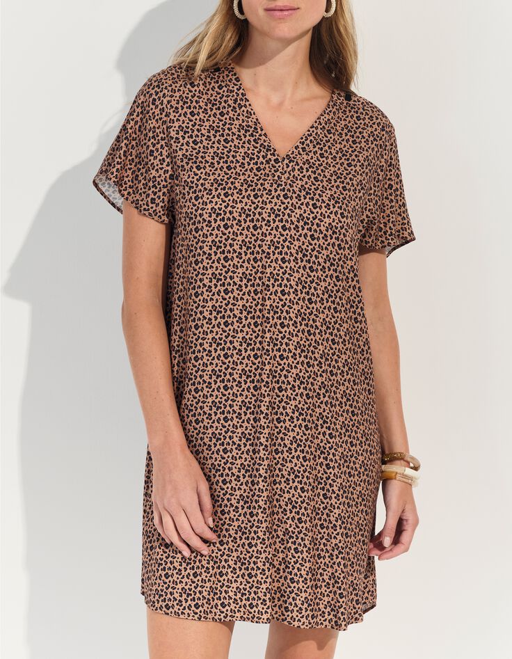 REKO - Robe beige Lenzing&trade; Ecovero&trade; imprim&eacute; micro l&eacute;opard -1