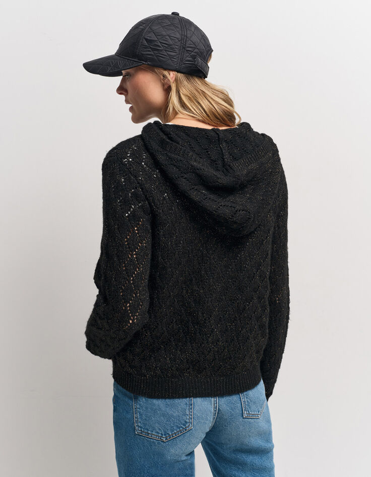 TIGER - Cardigan à capuche noir tricot ajouré lurex-3