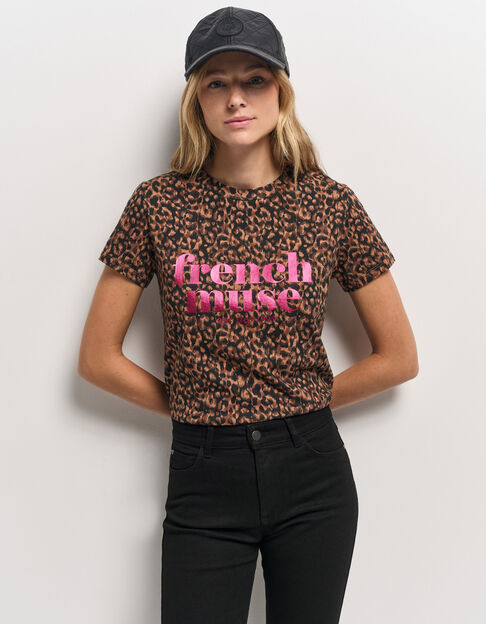 MELVA - T-shirt noir coton bio léopard à message métallisé - One Step