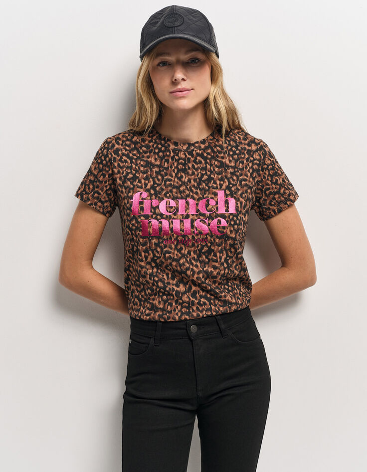 MELVA - T-shirt noir coton bio léopard à message métallisé-1