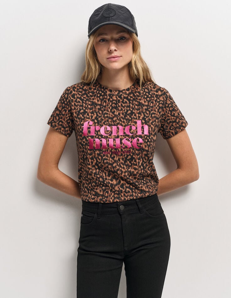 MELVA - T-shirt noir coton bio léopard à message métallisé-1 MELVA - T-shirt noir coton bio léopard à message métallisé-1