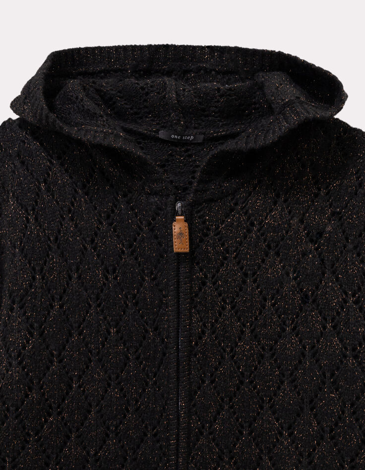 TIGER - Cardigan à capuche noir tricot ajouré lurex-2 TIGER - Cardigan à capuche noir tricot ajouré lurex-2