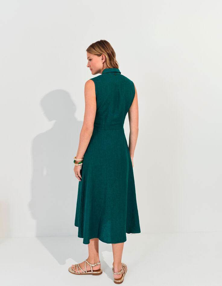 RECIFE - Robe chemise longue verte lin certifié surteint -3
