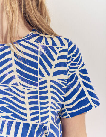 MANARA- T-shirt bleu coton bio imprimé tropic chic-4