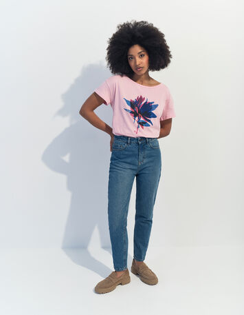 MAURO - T-shirt rose coton bio fleur arty -2