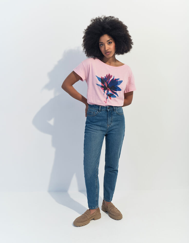 MAURO - T-shirt rose coton bio fleur arty -2