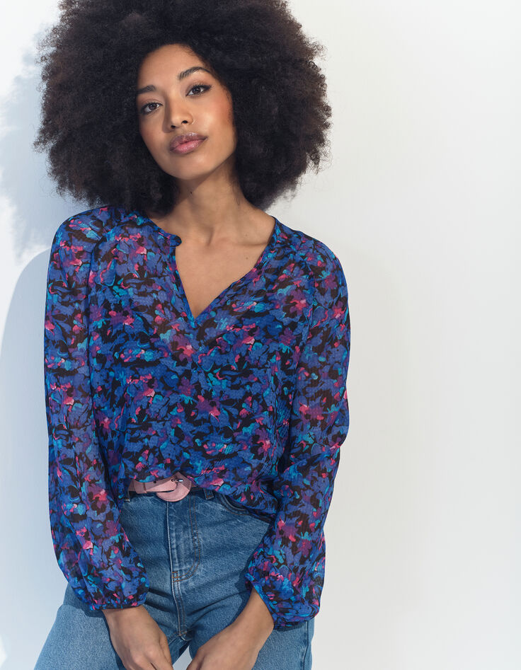 CIARA - Blouse bleue polyester recyclé floral aquatique -1