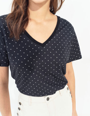 MADIAN - T-shirt noir coton bio minimaliste carrés écrus -4