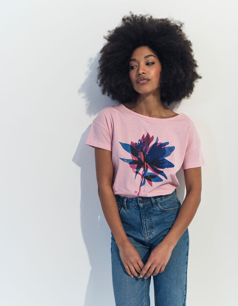 MAURO - T-shirt rose coton bio fleur arty  - One Step