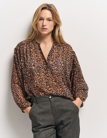 CHYNA - Blouse noire polyester recyclé imprimé léopard-1