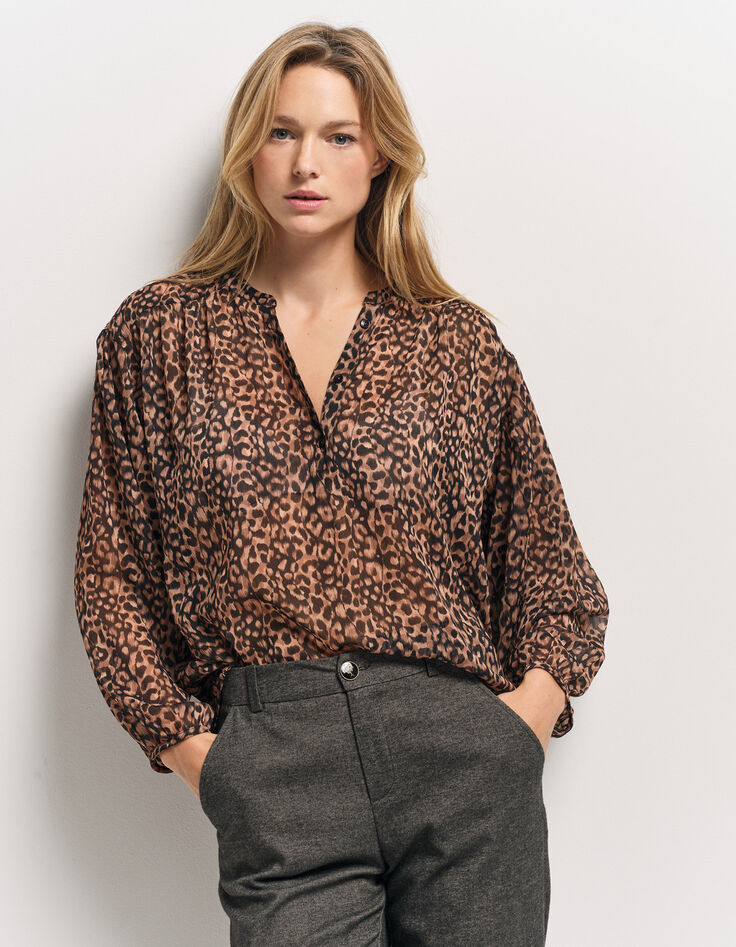 CHYNA - Blouse noire polyester recyclé imprimé léopard-1 CHYNA - Blouse noire polyester recyclé imprimé léopard-1