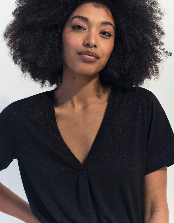 MARCIA - T-shirt noir encolure V maille irisée -3