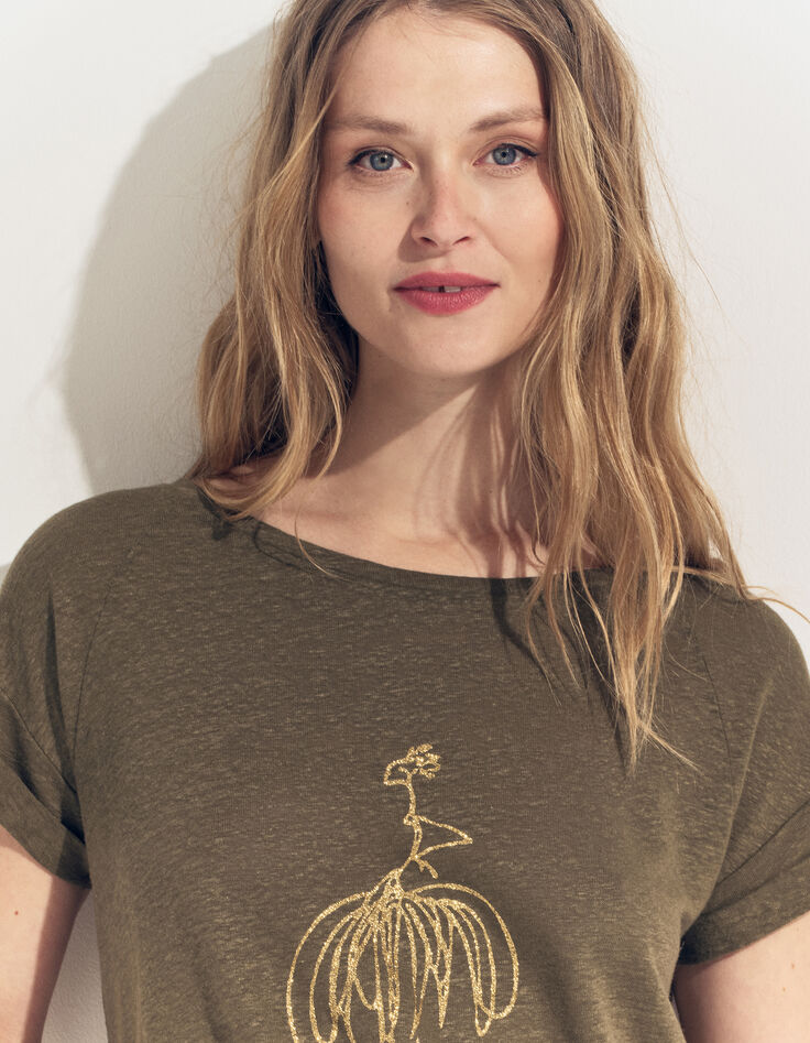 MEIRY- T-shirt kaki maille coton lin danseuse dorée-4