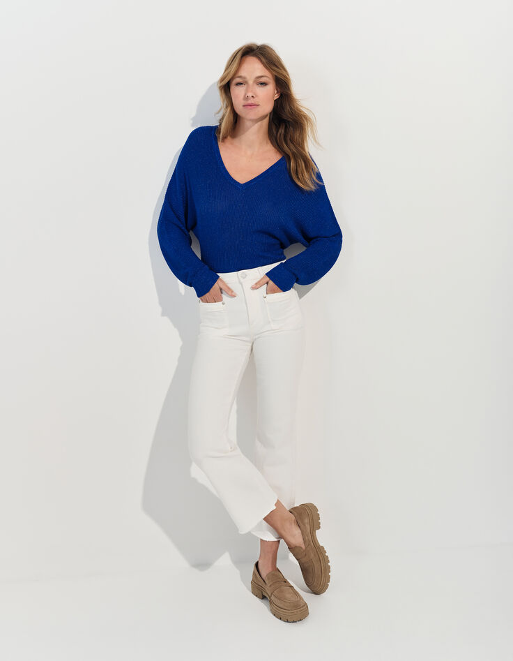 TONY - Pull bleu tricot côtelé manches chauve-souris -6