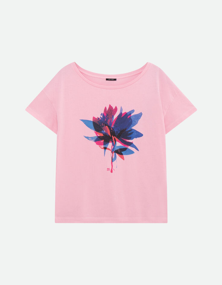 MAURO - T-shirt rose coton bio fleur arty -4
