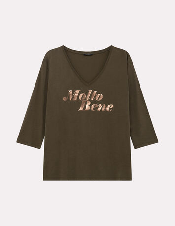 MEZZO - T-shirt kaki message métallisé-5