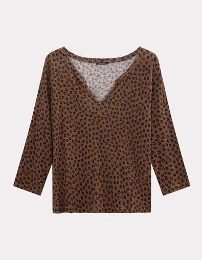 MAGNETIC - T-shirt camel maille coton lin motif léopard - One Step