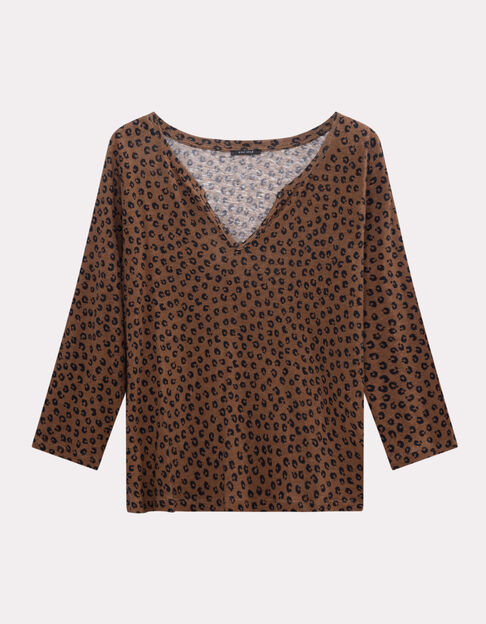 MAGNETIC - T-shirt camel maille coton lin motif léopard - One Step