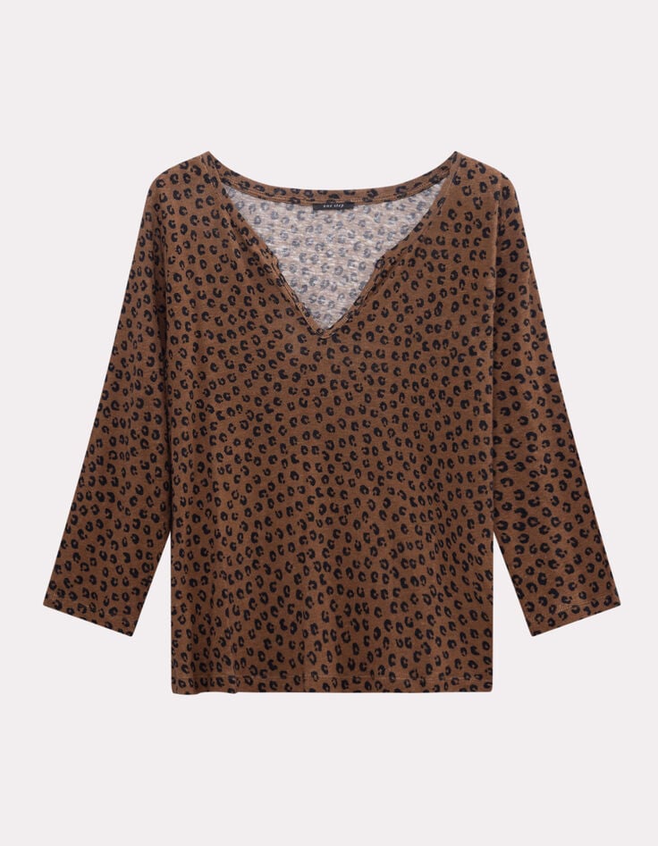 MAGNETIC - T-shirt camel maille coton lin motif léopard-1 MAGNETIC - T-shirt camel maille coton lin motif léopard-1