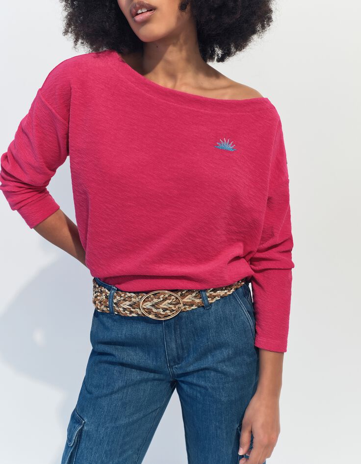 MALOU - T-shirt rose &eacute;ponge coton bio broderie soleil -2