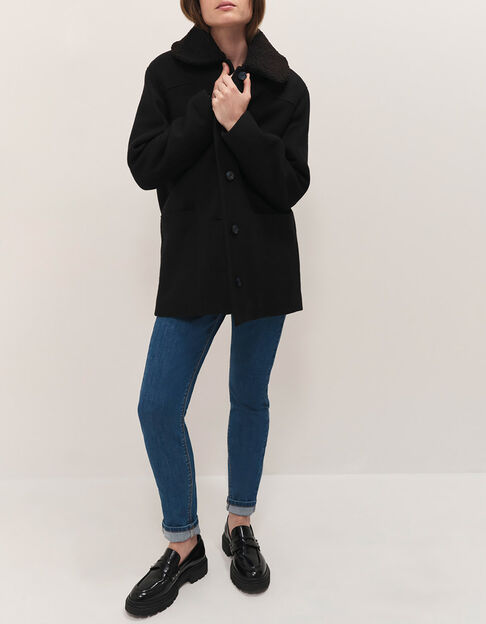 DORA - Manteau mi-long noir col amovible sherpa - One Step