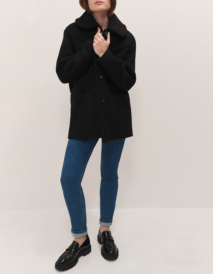 DORA - Manteau mi-long noir col amovible sherpa-1