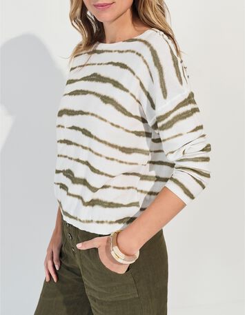 TECLA - Pull blanc motif rayures floues kaki -1