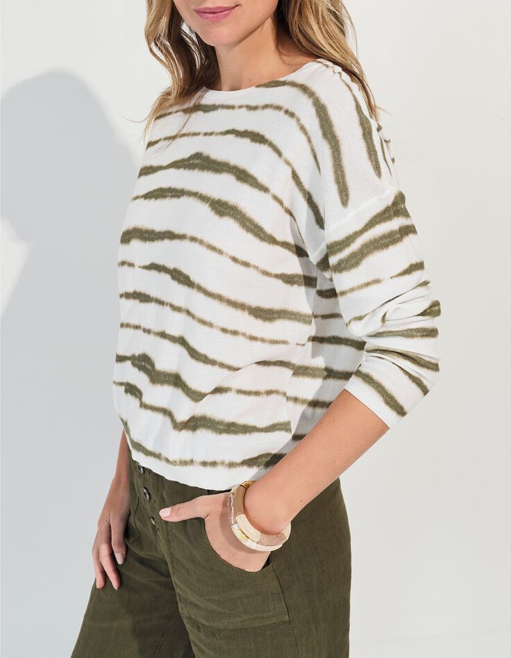 TECLA - Pull blanc motif rayures floues kaki -1